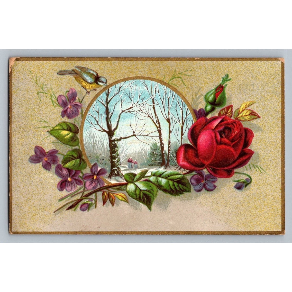 1890s Jersey Coffee Dayton Ohio Victorian Trade Card Winter Scene Rose Violets