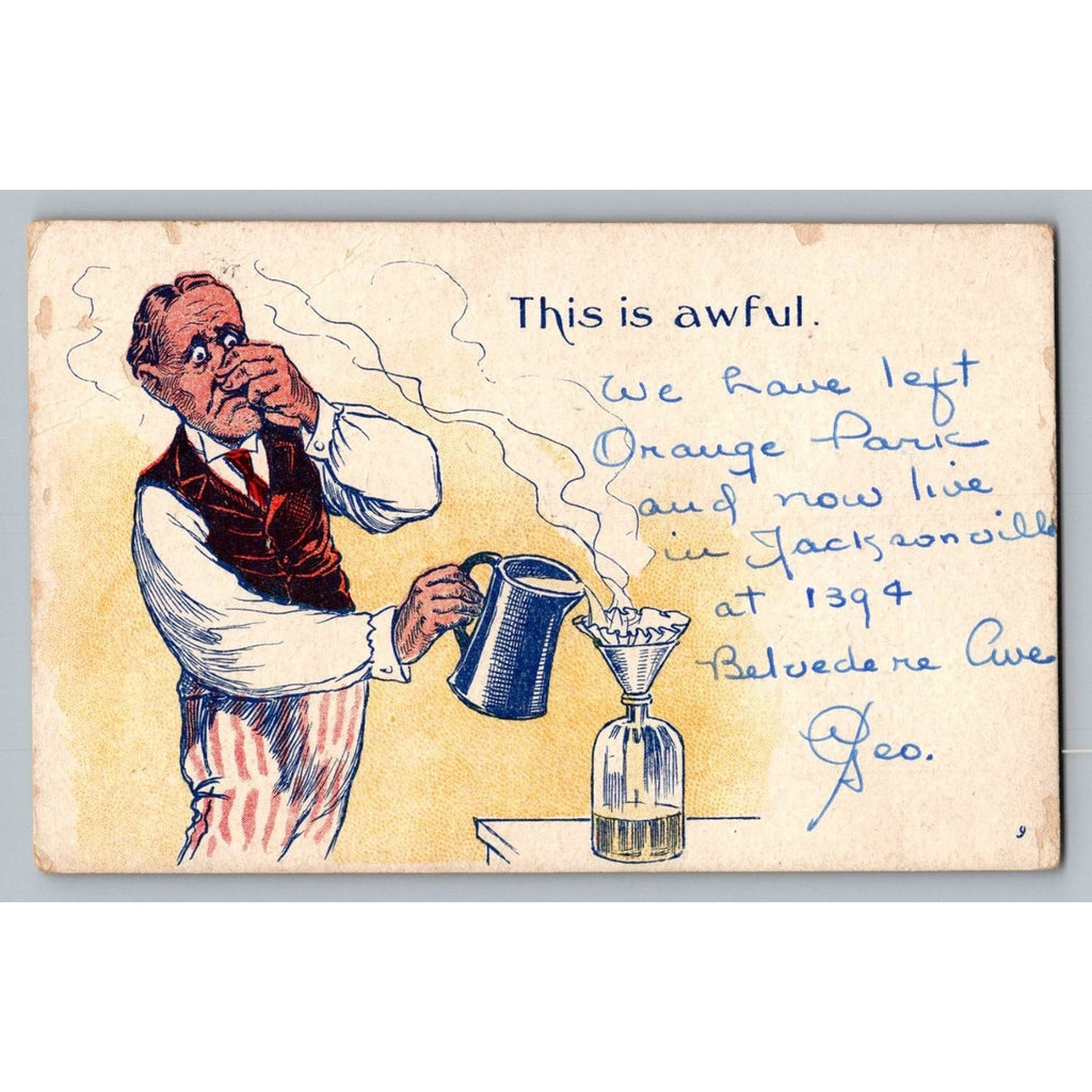 Vintage Comic Postcard Man Holding Nose Bad Coffee Jacksonville FL Address