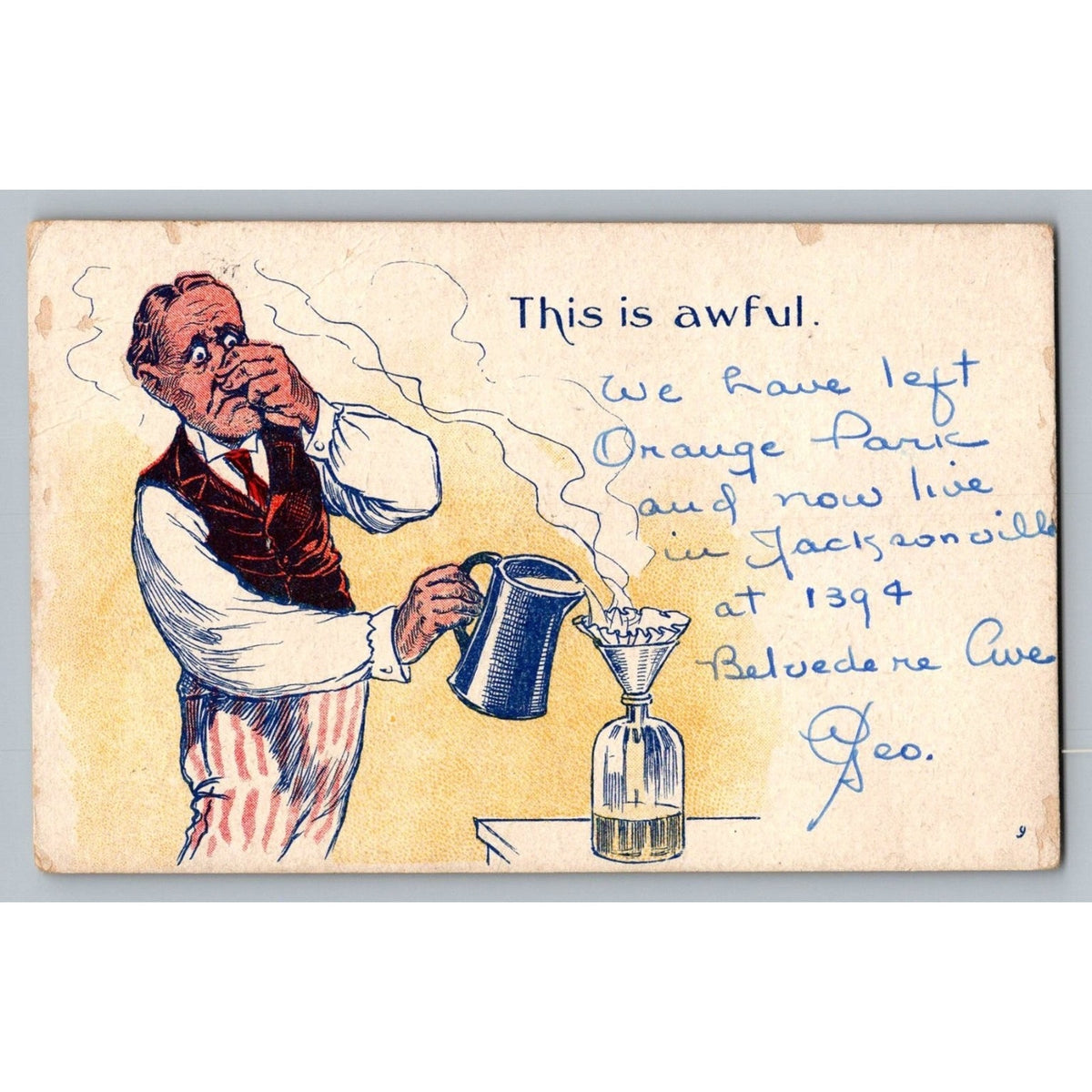 Vintage Comic Postcard Man Holding Nose Bad Coffee Jacksonville FL Address