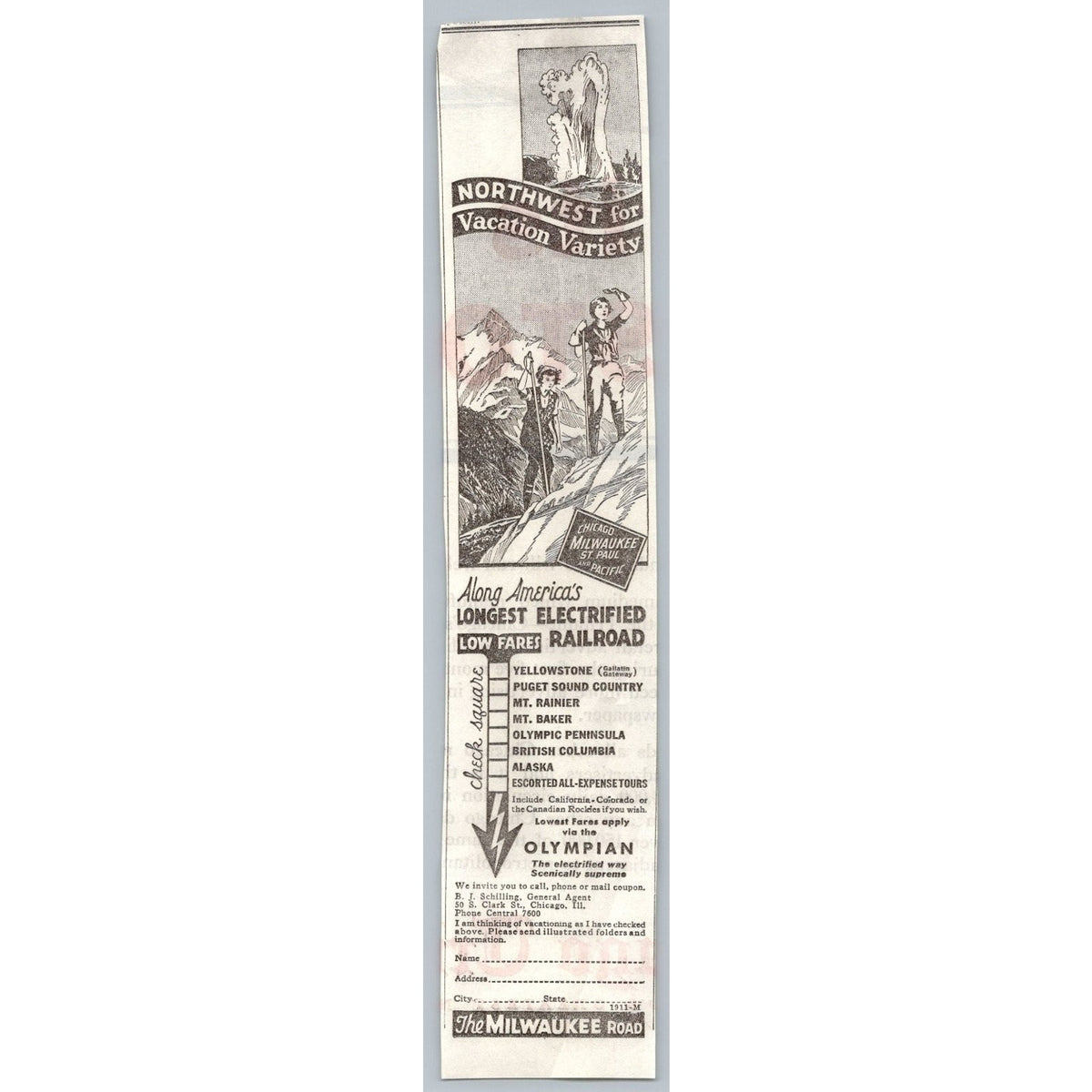 1933 Milwaukee Road Railroad Travel Print Ad Yellowstone Pacific Northwest