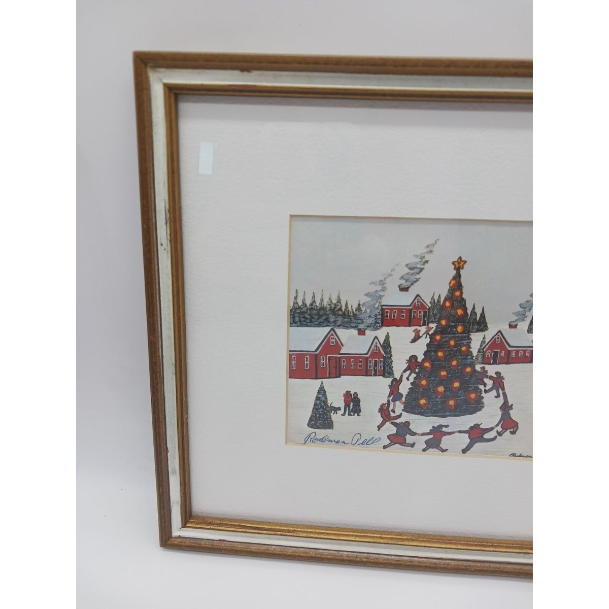 Christmas Winter Rodman Pell Dancing Around Tree Signed Framed Matted Print