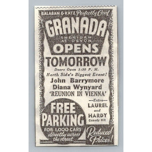 1933 Granada Theatre Chicago Grand Opening Ad John Barrymore Laurel & Hardy