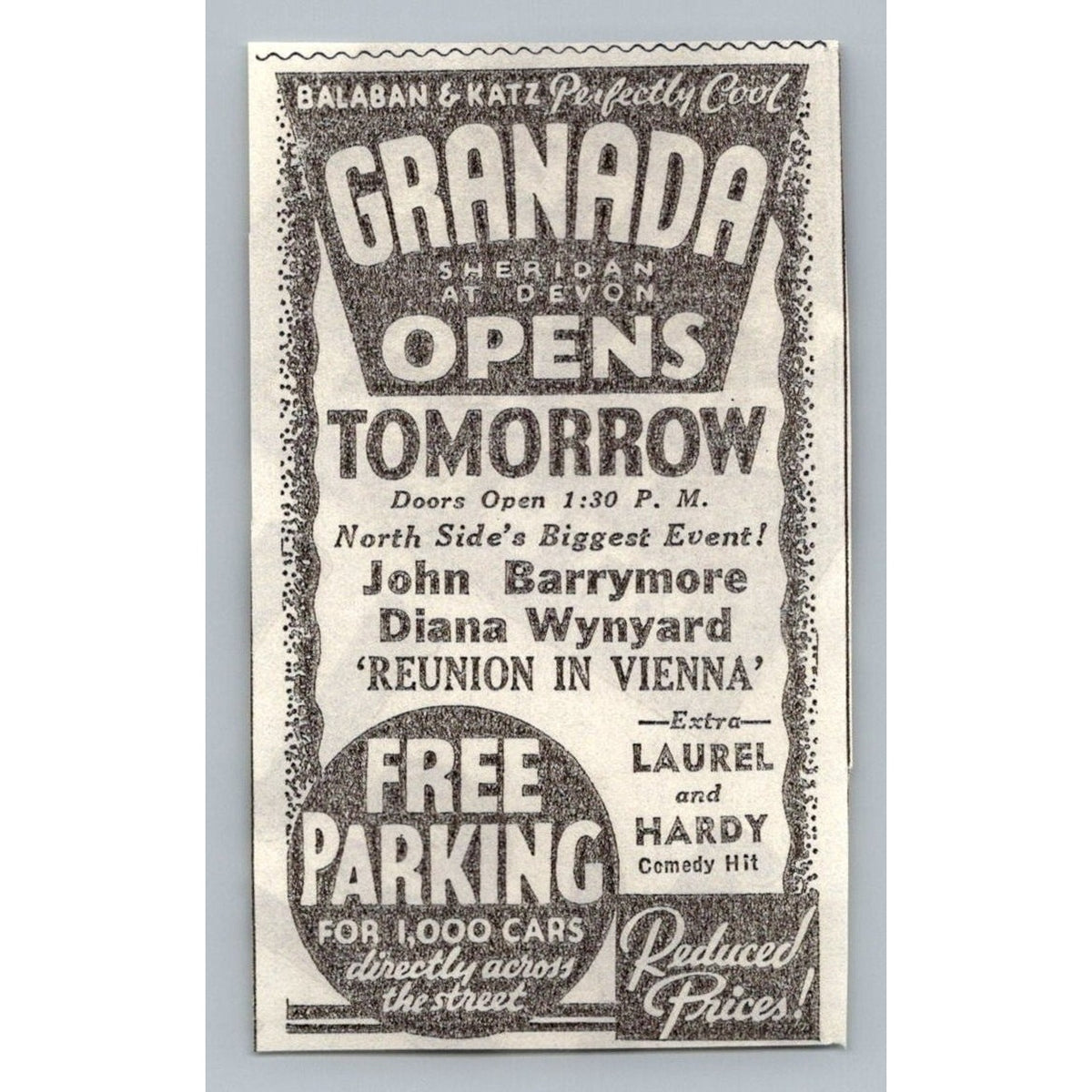 1933 Granada Theatre Chicago Grand Opening Ad John Barrymore Laurel & Hardy
