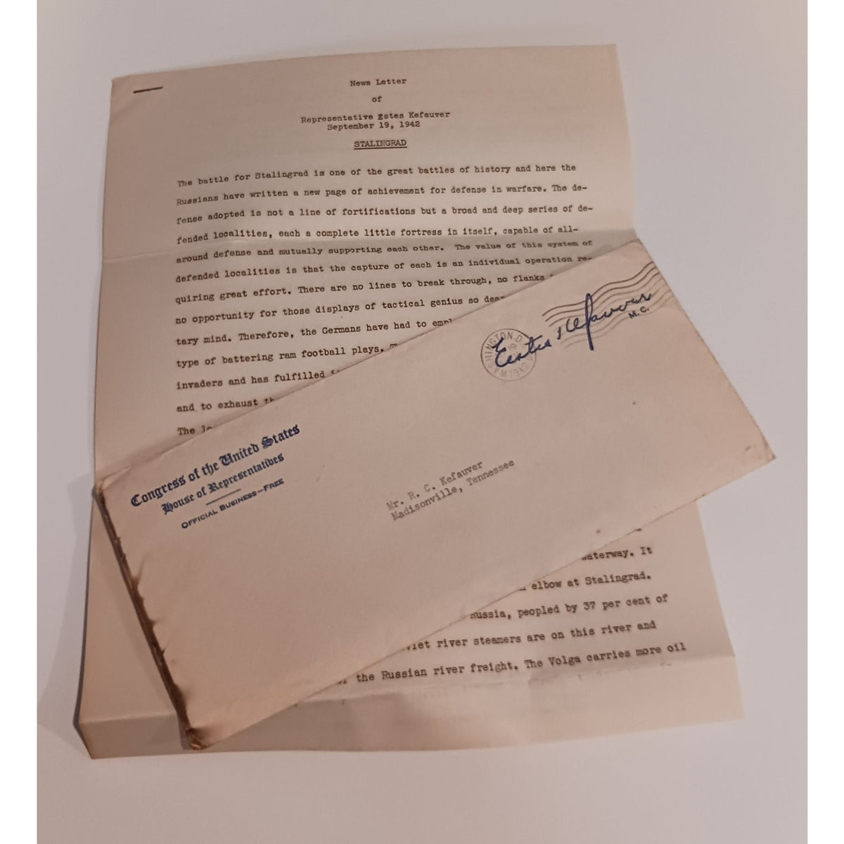 1942 Estes Kefauver News Letter Stalingrad WWII Congressional Ephemera