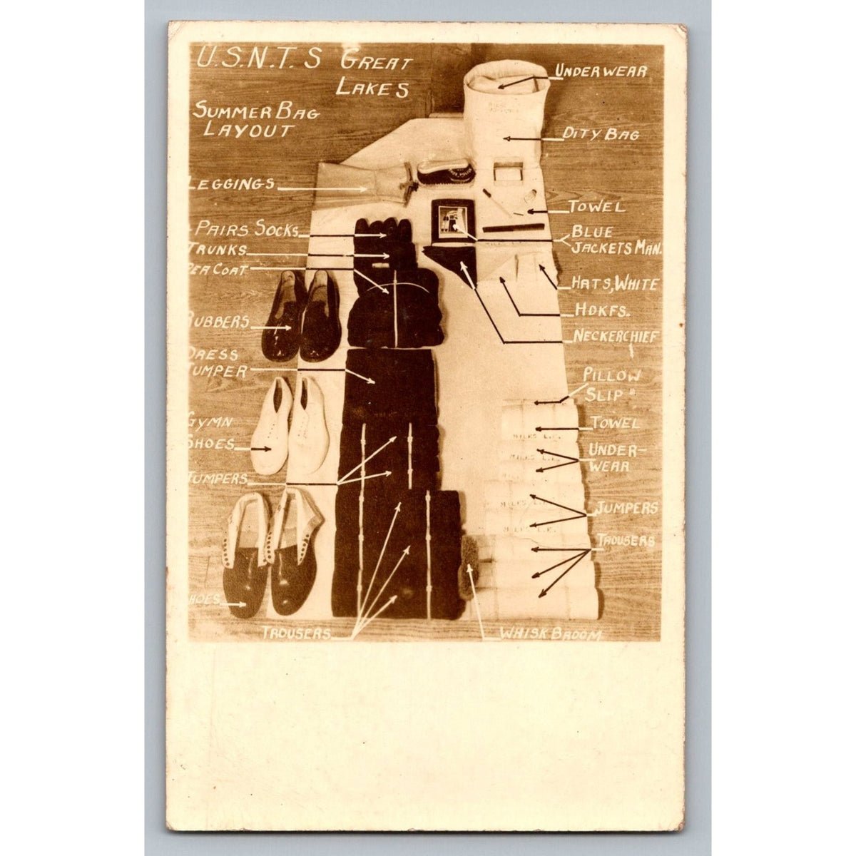 USNTS Great Lakes Summer Bag Layout Real Photo Postcard WWI Era Sailor Gear RPPC