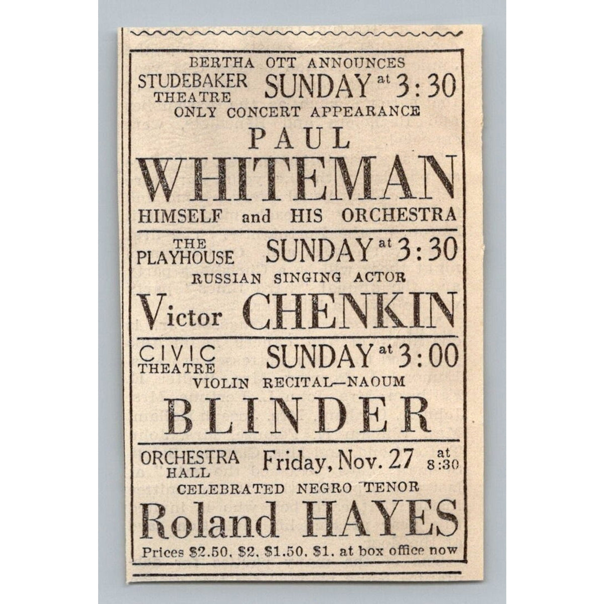 Paul Whiteman Roland Hayes 1931 Chicago Concert Print Ad Bertha Ott