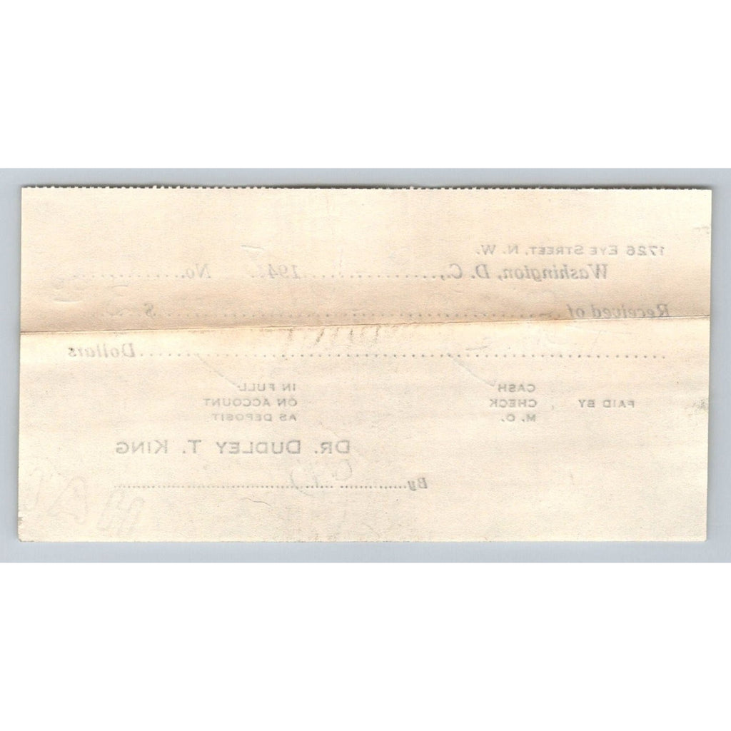 1948 Washington DC Dr. Dudley T. King Medical Receipt Nora Kefauver Ephemera