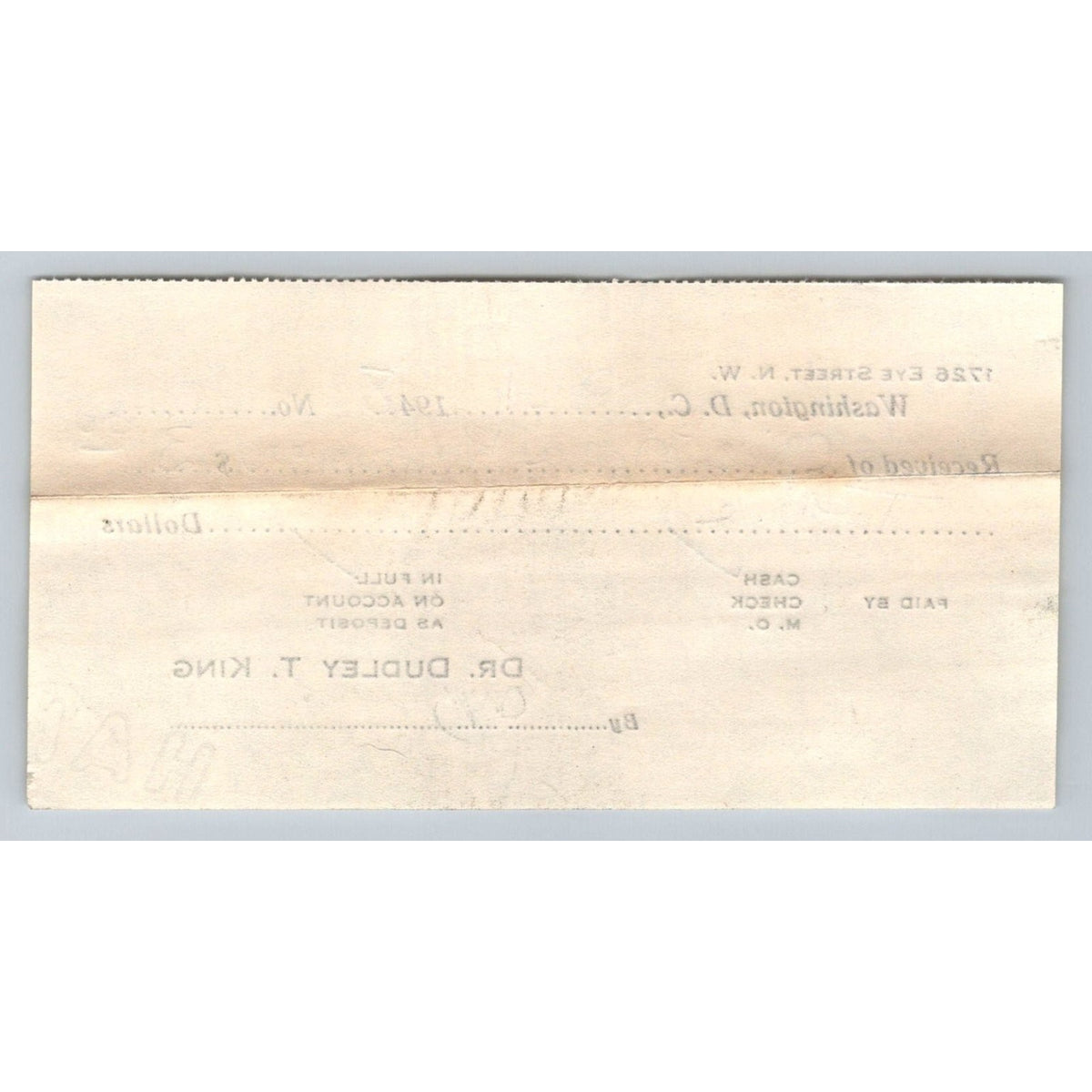 1948 Washington DC Dr. Dudley T. King Medical Receipt Nora Kefauver Ephemera