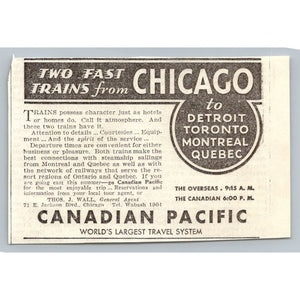 1933 Canadian Pacific Railway Ad Chicago Detroit Toronto Quebec Train Travel