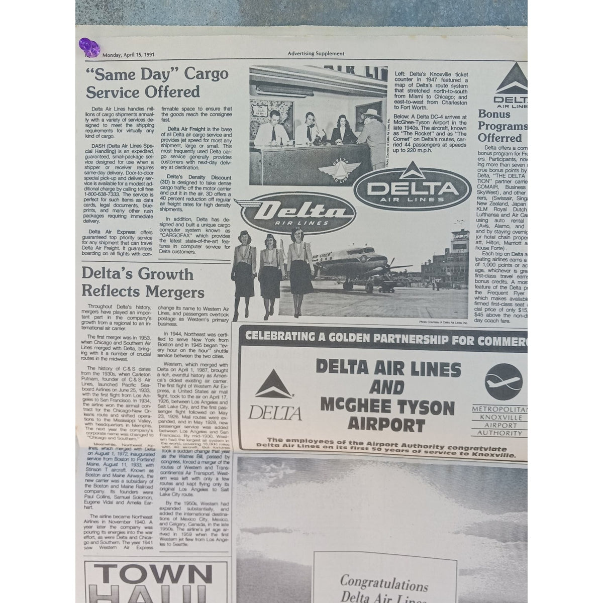 Delta Air Lines 50 Years Service Knoxville 1991 Newspaper Article Stewardess Art