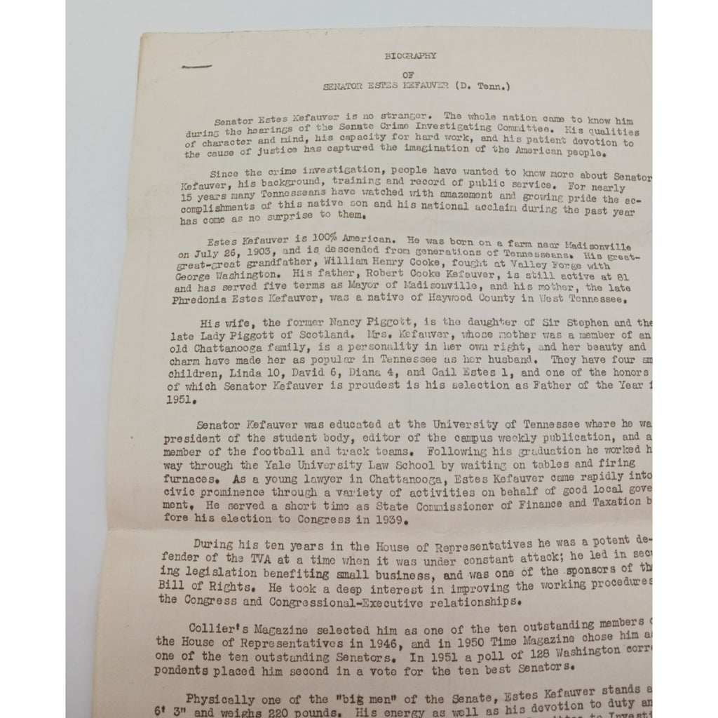 2 Page Biography of Senator Estes Kefauver Tennessee Democrat From Family Estate