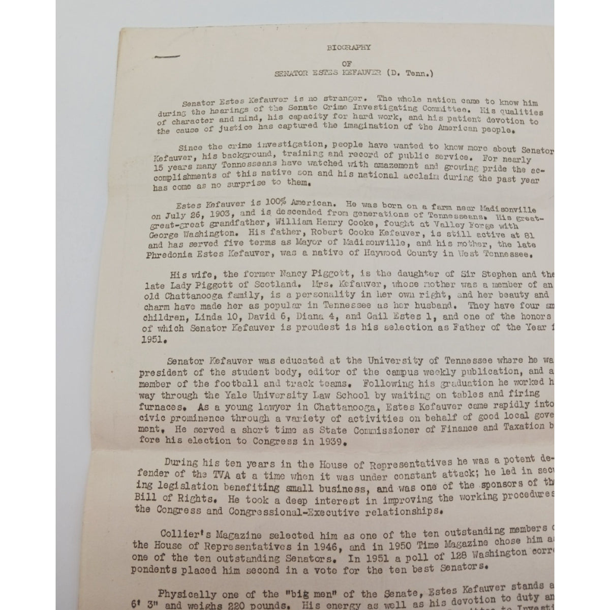 2 Page Biography of Senator Estes Kefauver Tennessee Democrat From Family Estate