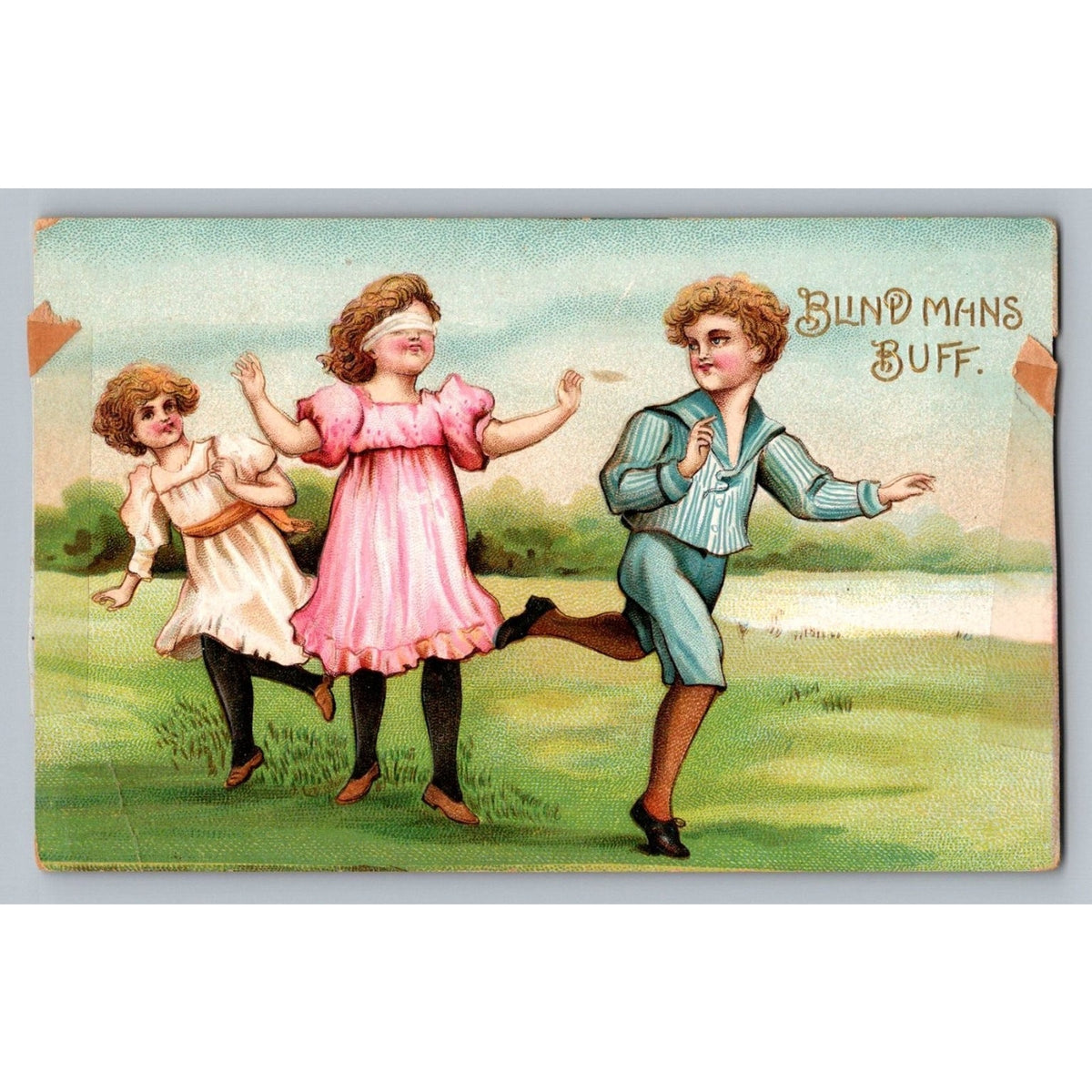 1912 Blind Man's Buff Game Postcard Children Playing Antique German Print