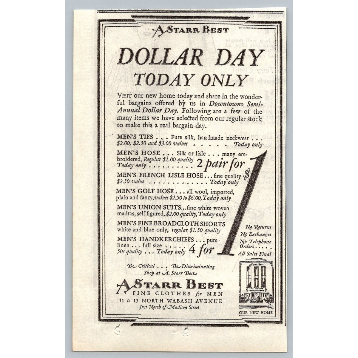 A Starr Best Chicago Dollar Day Ad 1930s Men's Fashion Wabash Avenue Ephemera