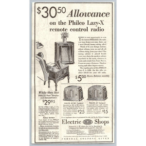 1930s Philco Lazy X Remote Control Radio Ad Edison Electric Shops Chicago
