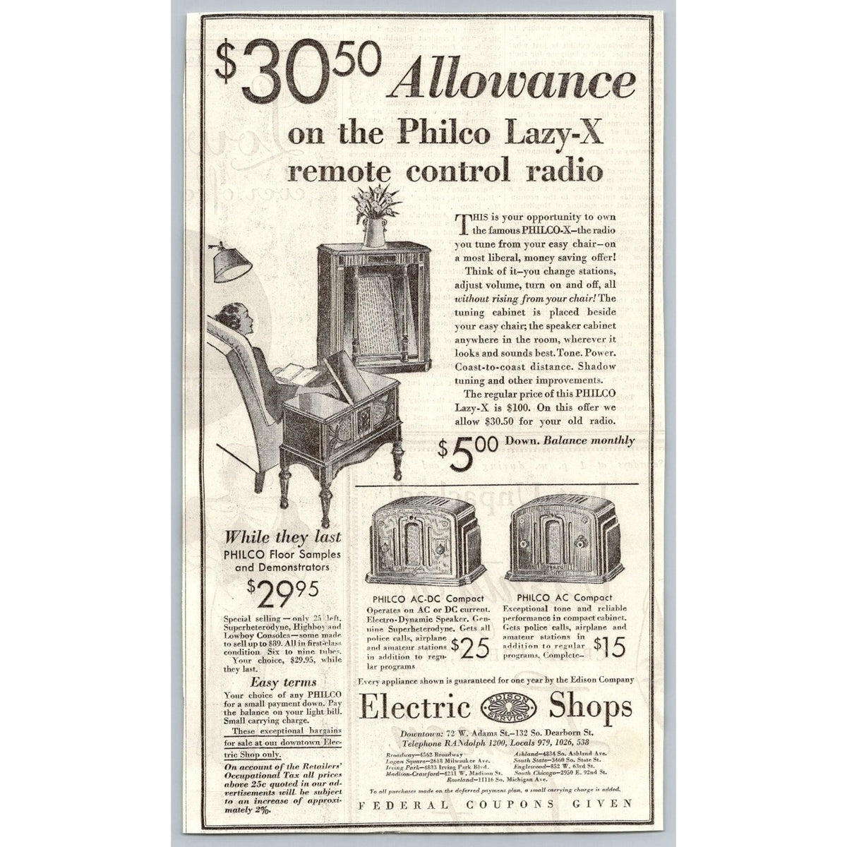 1930s Philco Lazy X Remote Control Radio Ad Edison Electric Shops Chicago