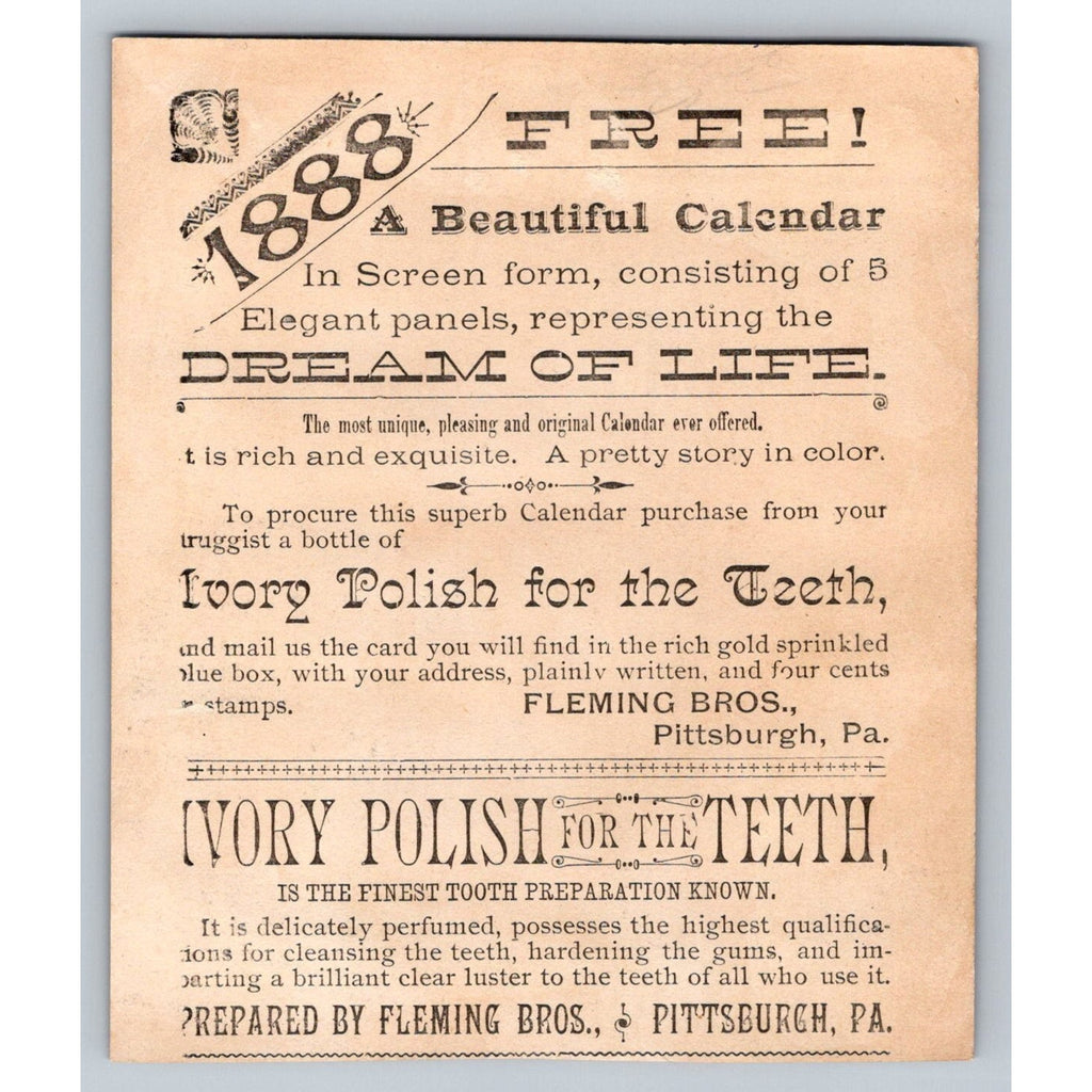 1888 Fleming Bros Ivory Polish for Teeth Trade Card Pittsburgh PA Child Girl