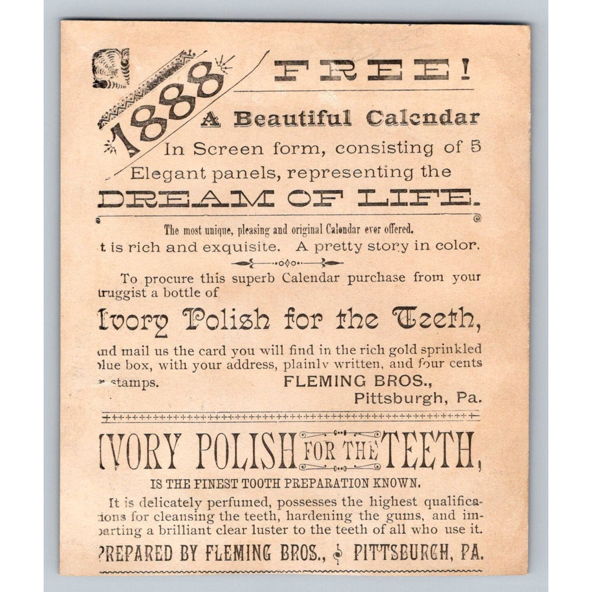 1888 Fleming Bros Ivory Polish for Teeth Trade Card Pittsburgh PA Child Girl