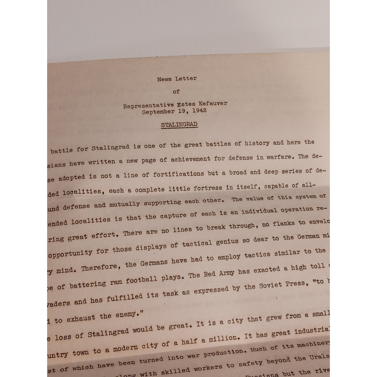 1942 Estes Kefauver News Letter Stalingrad WWII Congressional Ephemera