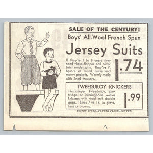 1931 Boston Store Boys Clothing Ad Tweeduroy Knickers Jersey Suits Ephemera