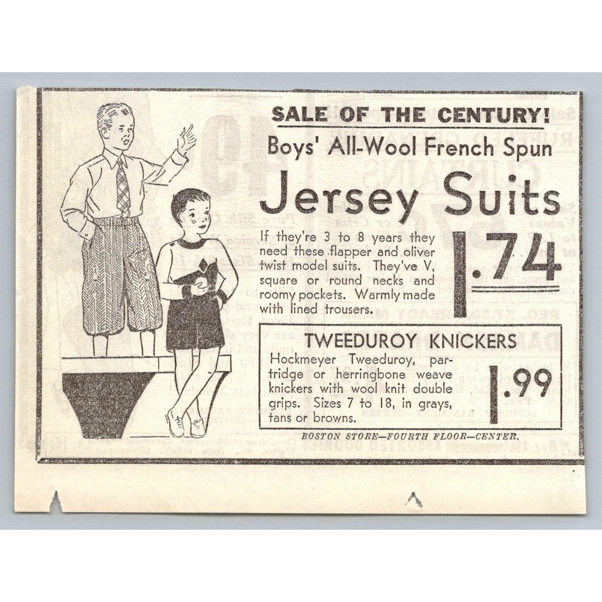 1931 Boston Store Boys Clothing Ad Tweeduroy Knickers Jersey Suits Ephemera