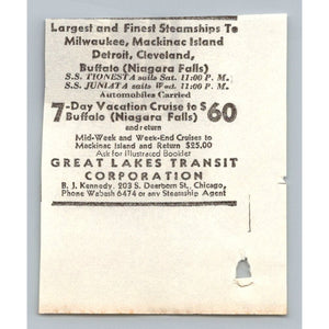 1930s Great Lakes Transit Steamship Cruise Ad Buffalo Niagara Falls Chicago