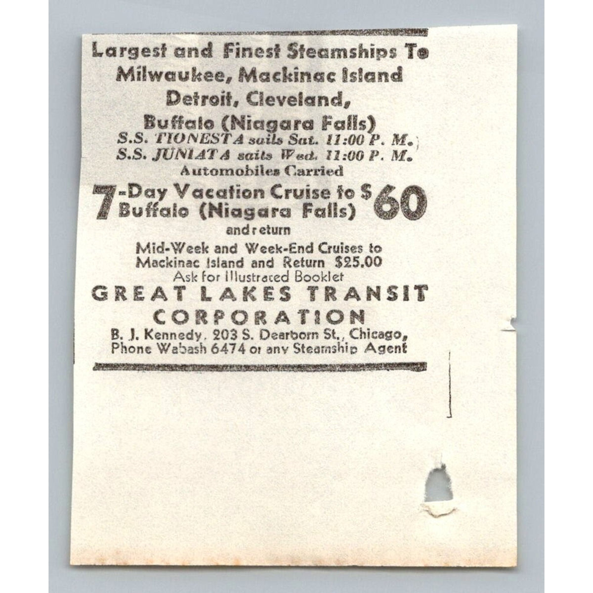 1930s Great Lakes Transit Steamship Cruise Ad Buffalo Niagara Falls Chicago