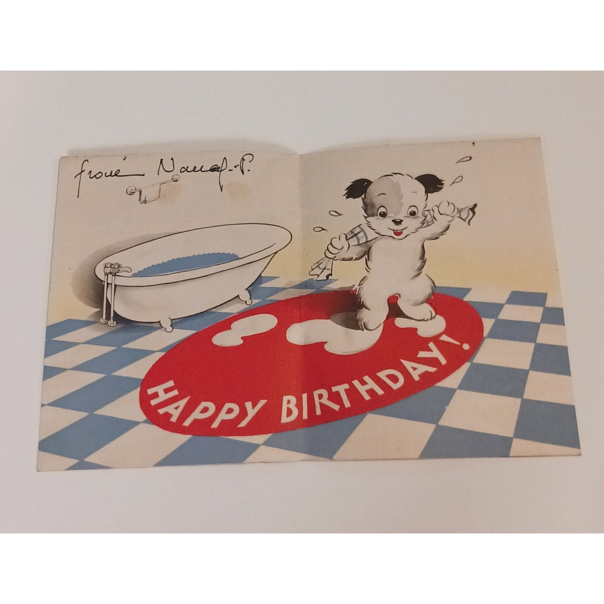 VTG 1940s 50s Puppy Bath Birthday Greeting Card Stanley Anthropomorphic Ephemera