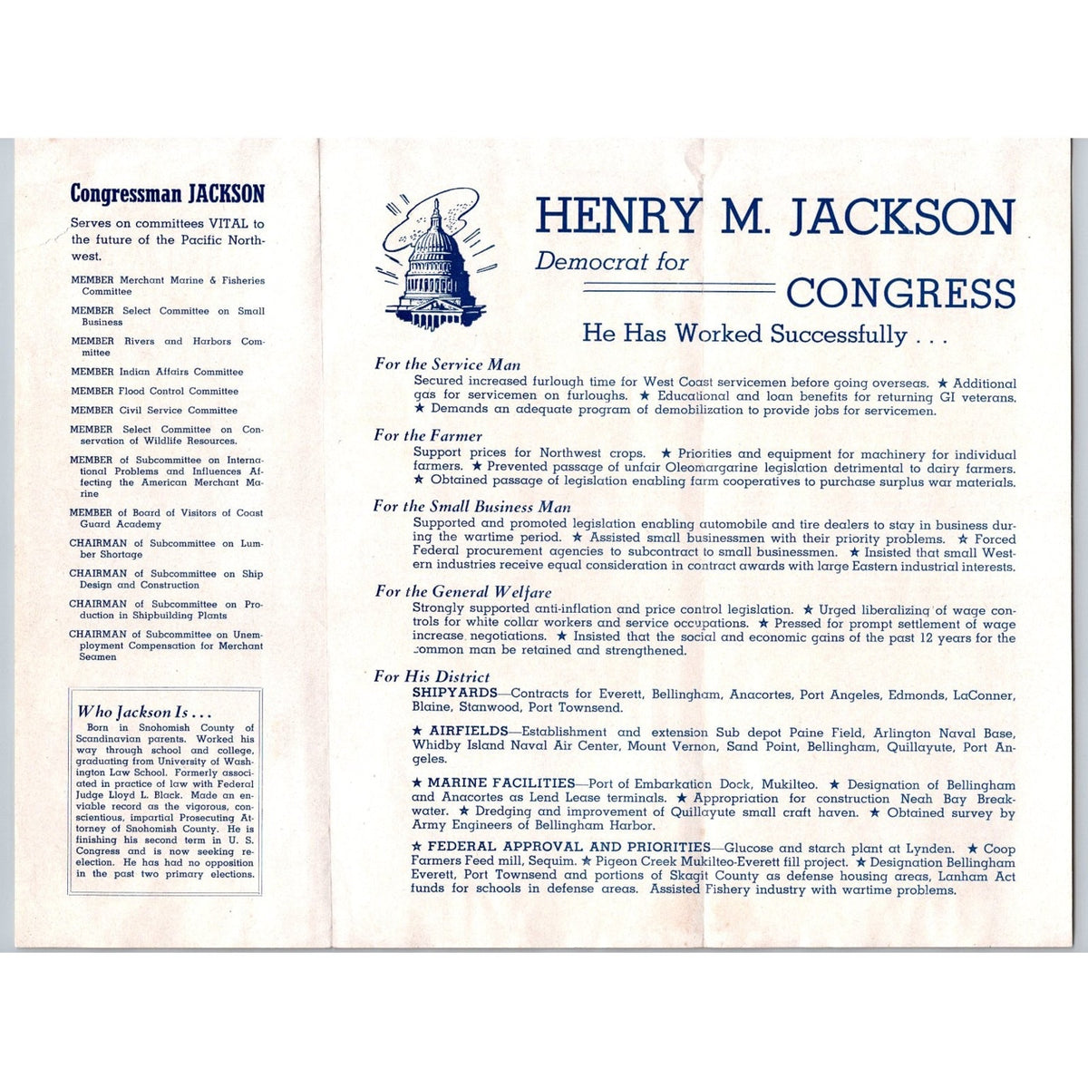 Henry M Jackson 1944 Congressional Election Campaign Flyer Brochure Washington