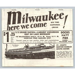 1933 S S Grand Rapids Milwaukee Lake Michigan Excursion Ship Print Ad Ephemera