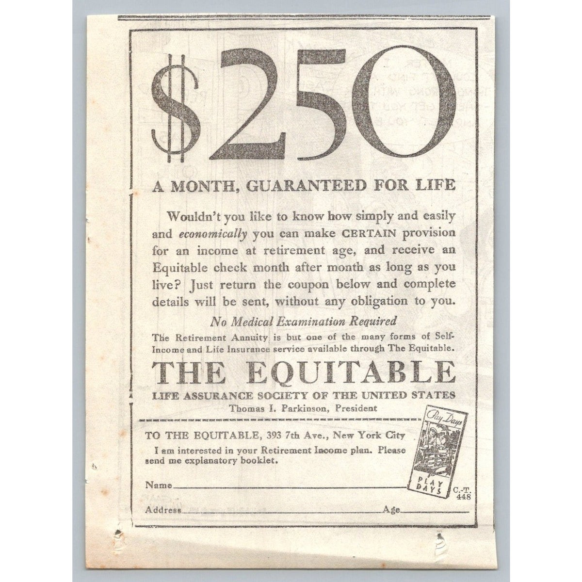 1930s Equitable Life Assurance Retirement Annuity Print Ad New York City
