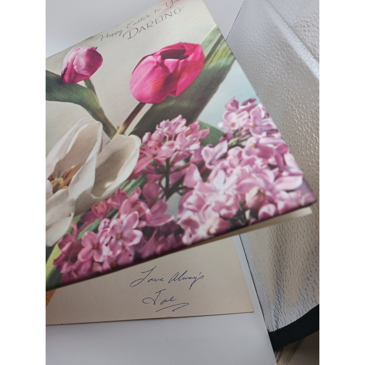 Vintage Paramount Happy Easter Floral Satin Padded Greeting Card Tulips Lilacs