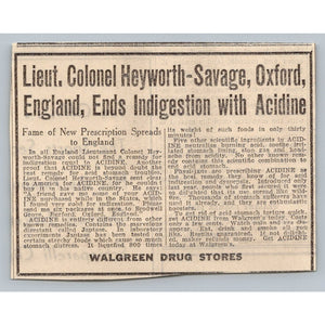 1931 Acidine Indigestion Remedy Ad Lieut. Colonel Heyworth-Savage Walgreens