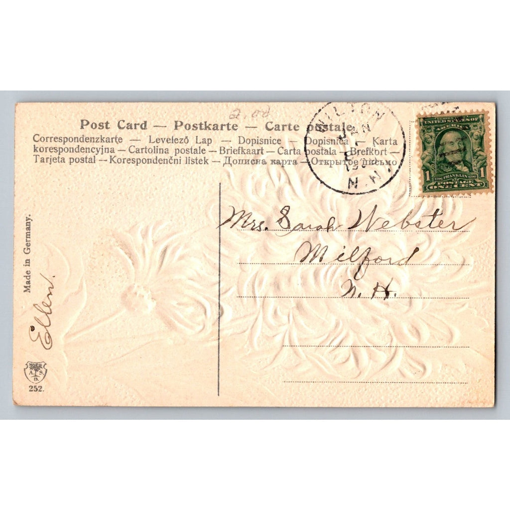 Embossed Chrysanthemum New Year Postcard 1912 Milford NH A.l.b. Germany