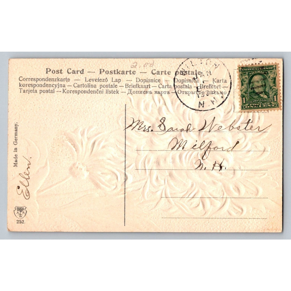Embossed Chrysanthemum New Year Postcard 1912 Milford NH A.l.b. Germany