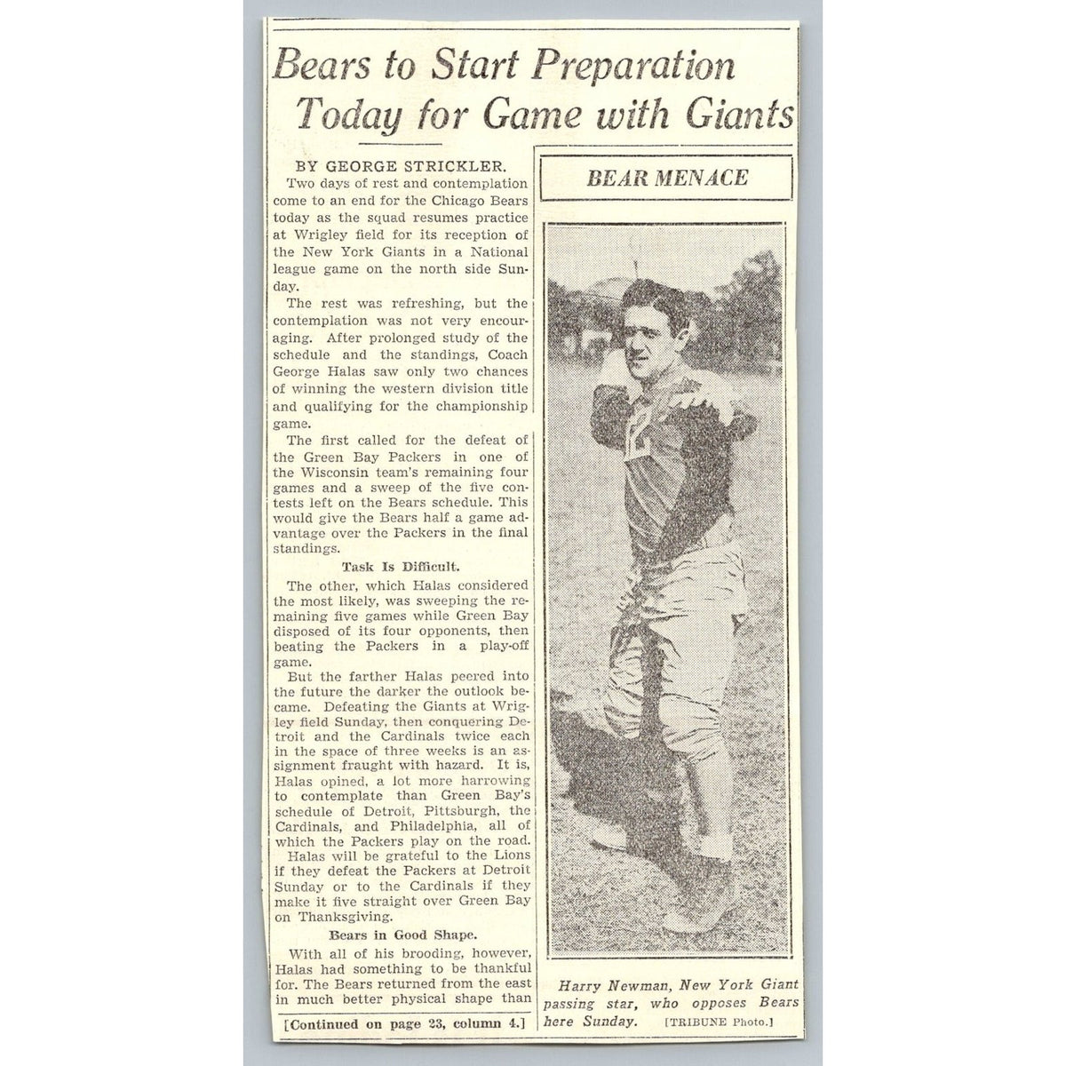 1930s Chicago Bears New York Giants NFL Newspaper Clipping Harry Newman George