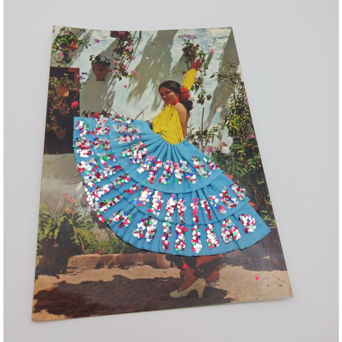 Vintage Spain Postcard Flamenco Dancer Applique Fabric Satin Skirt Glitter