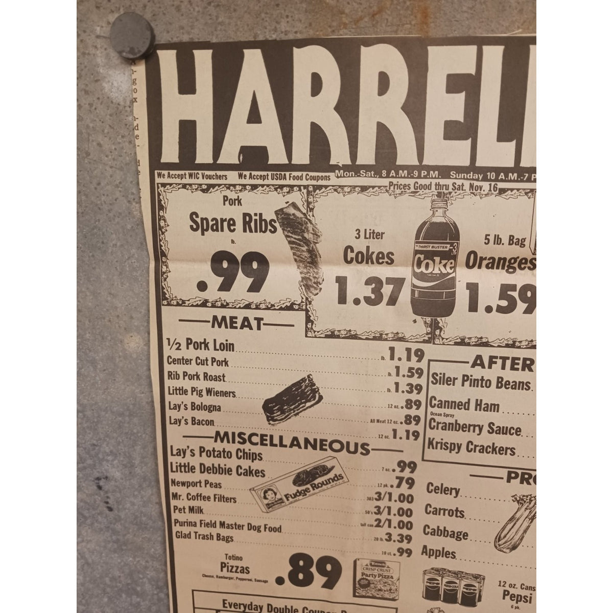 VTG 1980s HARRELL'S IGA Grocery Store Ad Sweetwater TN Coke Pepsi Food Prices