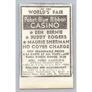1933 Chicago World's Fair Pabst Blue Ribbon Casino Ad Ben Bernie Buddy Rogers