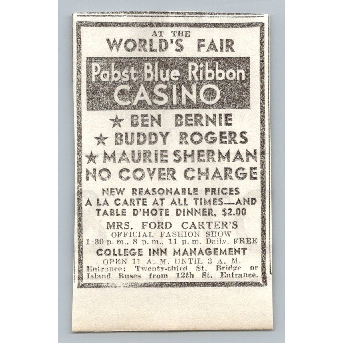 1933 Chicago World's Fair Pabst Blue Ribbon Casino Ad Ben Bernie Buddy Rogers