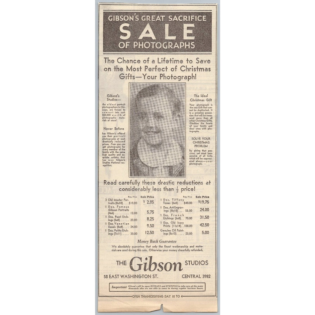 1931 Gibson Studios Chicago Photo Sale Ad Ephemera Christmas Gift