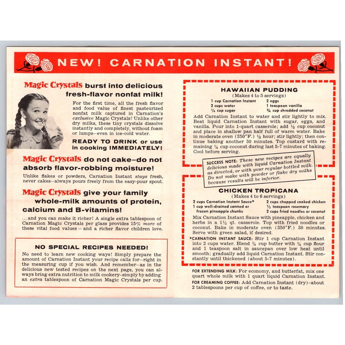 1950s Carnation Instant Dry Milk Magic Crystals Recipe Flyer Brochure Ad Vintage