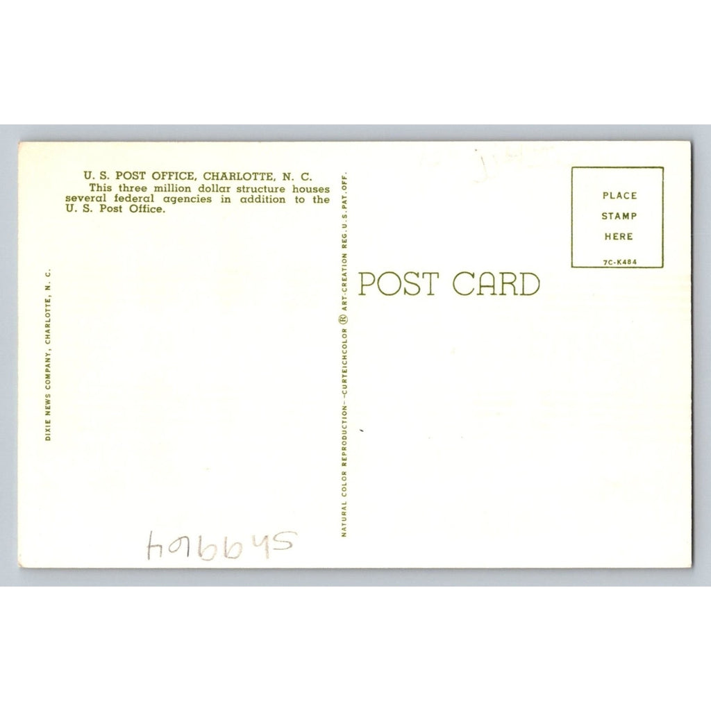 Charlotte NC U.S. Post Office Curteichcolor Postcard 1940s Neoclassical