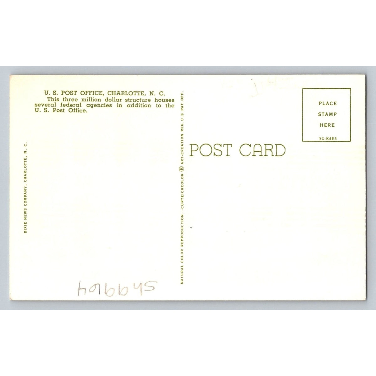 Charlotte NC U.S. Post Office Curteichcolor Postcard 1940s Neoclassical