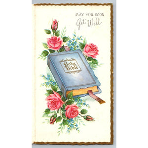 Vintage Get Well Soon Greeting Card Religious Holy Bible Floral Made in USA