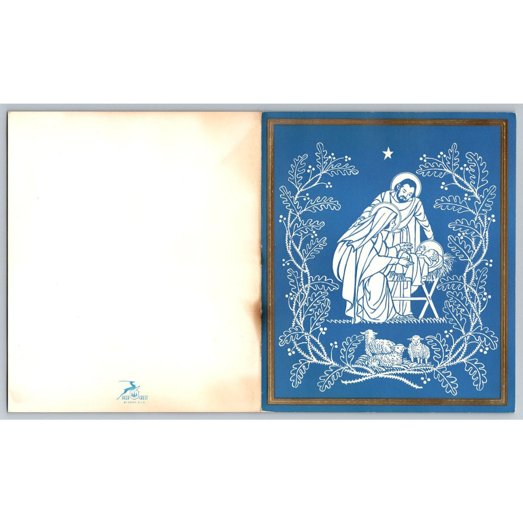 1955 Blue Christmas Nativity Mary Joseph Jesus Sheep Lamb Deer Crest Card