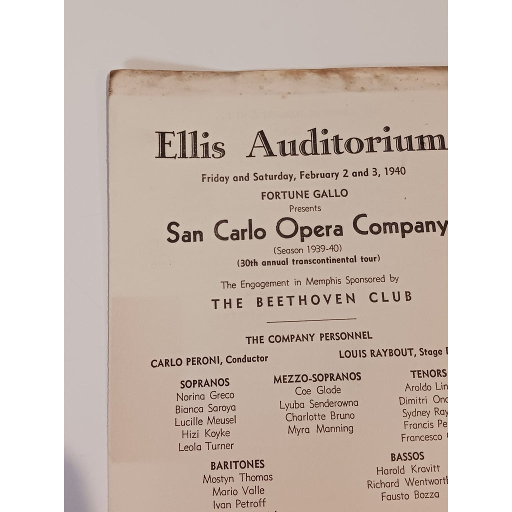 1940 San Carlo Opera Company Program Ellis Auditorium Memphis Verdi Aida