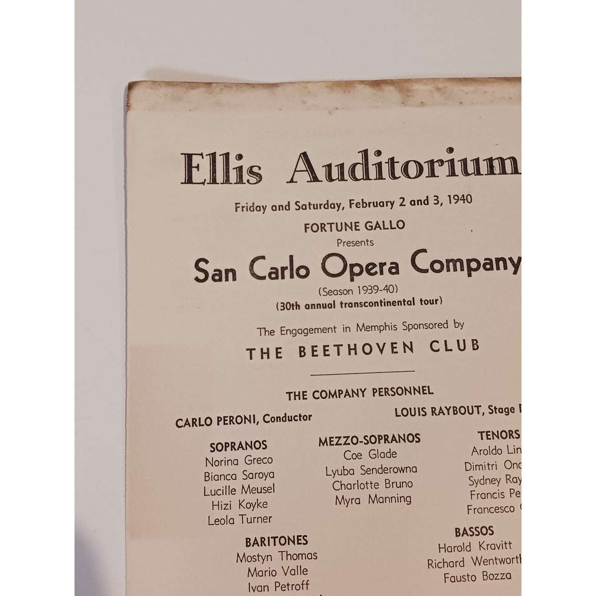 1940 San Carlo Opera Company Program Ellis Auditorium Memphis Verdi Aida