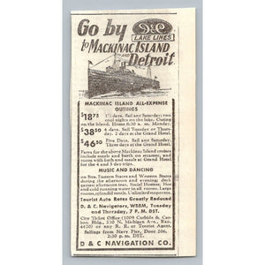 1930s D & C Lake Lines Mackinac Island Detroit Steamer Cruise Print Ad Wbbm