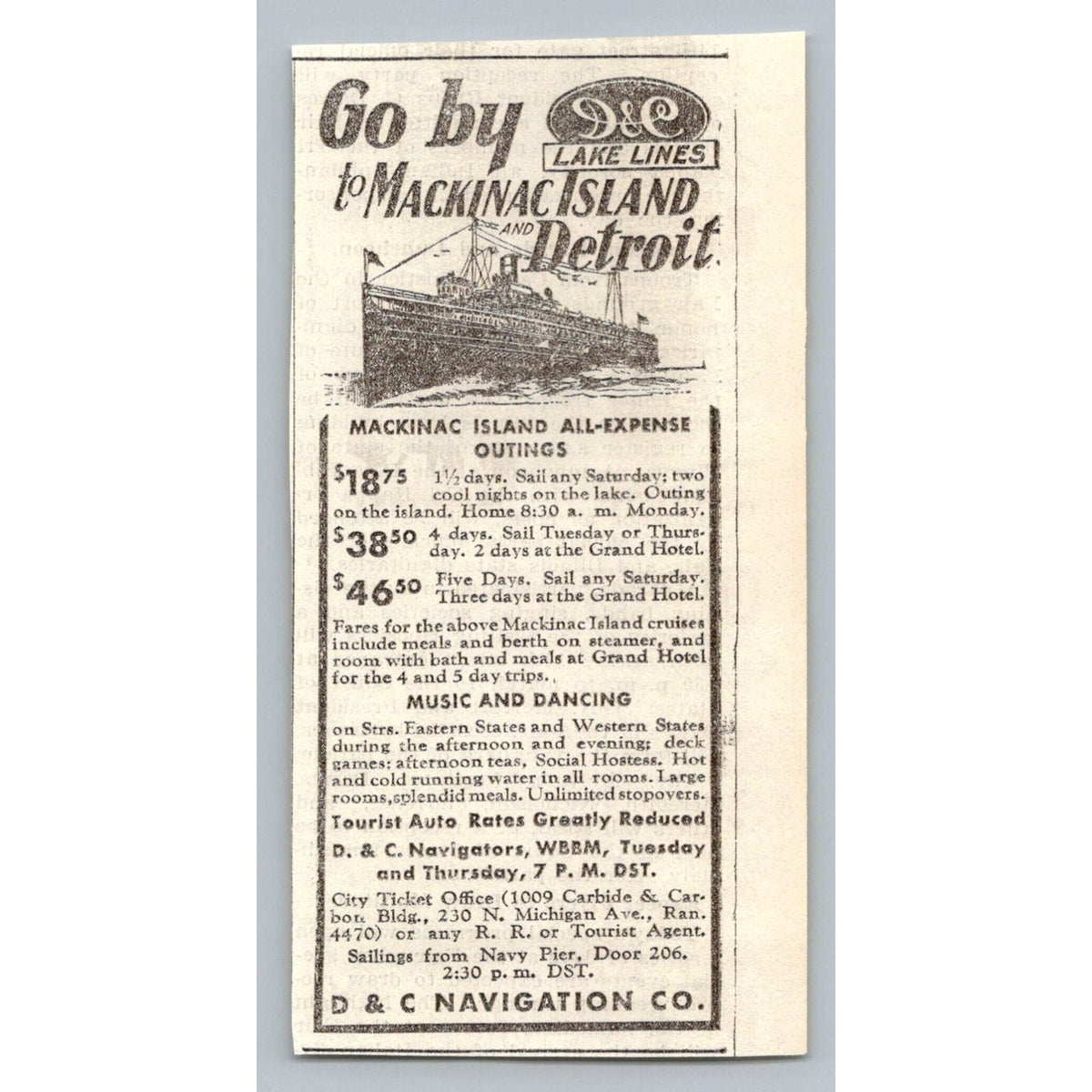 1930s D & C Lake Lines Mackinac Island Detroit Steamer Cruise Print Ad Wbbm